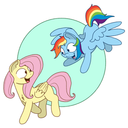 Size: 1600x1600 | Tagged: safe, artist:doodledonutart, imported from derpibooru, fluttershy, rainbow dash, pegasus, pony, chest fluff, eyes open, floating, folded wings, looking at each other, looking at someone, looking back, open mouth, open smile, passepartout, smiling, smiling at each other, spread wings, walking, wings