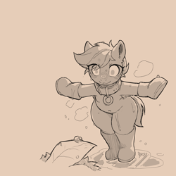 Size: 1200x1200 | Tagged: safe, artist:cold-blooded-twilight, imported from derpibooru, scootaloo, pegasus, semi-anthro, belly button, blushing, boots, clothes, collar, cute, female, filly, foal, monochrome, rain, shoes, sketch, smiling, t pose, weapons-grade cute