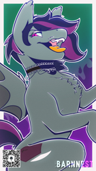 Size: 2160x3840 | Tagged: safe, artist:barnnest, imported from derpibooru, oc, oc:ghostly shivers, bat pony, background, bat wings, chest fluff, choker, commission, cross, cross necklace, cutie mark, ear fluff, fangs, fire, gray coat, jewelry, looking at you, necklace, purple mane, purple tail, red eyes, smiling, smiling at you, solo, tail, tongue out, wings
