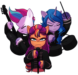 Size: 3500x3363 | Tagged: safe, artist:maren, imported from derpibooru, izzy moonbow, sunny starscout, zipp storm, earth pony, pegasus, pony, clothes, drums, drumsticks, electric guitar, g5, guitar, jacket, microphone, microphone stand, musical instrument, my chemical romance, rock and roll, simple background, welcome to the black parade, white background