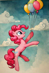 Size: 768x1152 | Tagged: safe, imported from derpibooru, pinkie pie, earth pony, pony, ai content, ai generated, balloon, cloud, floating, generator:pony diffusion v6 xl, generator:stable diffusion, grin, prompter:foxpony, side view, sky, smiling, solo, then watch her balloons lift her up to the sky, traditional art, watercolor painting