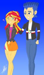 Size: 2144x3624 | Tagged: safe, artist:joancarrington14, imported from derpibooru, flash sentry, sunset shimmer, human, equestria girls, clothes, denim, female, flashimmer, jacket, jeans, male, pants, shipping, shirt, skirt, straight