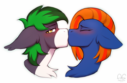 Size: 2662x1742 | Tagged: safe, artist:argigen, imported from derpibooru, oc, oc only, pony, blushing, bust, chest fluff, duo, eyebrows, eyebrows visible through hair, floppy ears, kiss on the lips, kissing, oc x oc, shipping, shy, simple background, sketch, white background