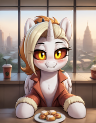 Size: 1792x2304 | Tagged: safe, derpibooru exclusive, imported from derpibooru, oc, oc:dyx, alicorn, pony, ai content, ai generated, bedroom eyes, blushing, cafe, clothes, cute, fangs, female, food, generator:pony diffusion v6 xl, generator:stable diffusion, horn, jacket, looking at you, mare, prompt in description, prompter:ramprover, sitting, smiling, smiling at you, solo, wings