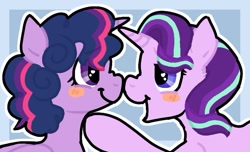 Size: 747x453 | Tagged: safe, artist:twilypie, imported from derpibooru, starlight glimmer, twilight sparkle, alicorn, pony, unicorn, alternate hairstyle, blushing, boop, cute, duo, duo female, female, heart, heart eyes, horn, lesbian, looking at each other, looking at someone, mare, nose wrinkle, noseboop, open mouth, open smile, outline, passepartout, shipping, smiling, twilight poofle, twilight sparkle (alicorn), twistarlight, wingding eyes
