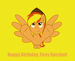 Size: 980x800 | Tagged: safe, artist:rogan140, imported from derpibooru, oc, oc:firey ratchet, pegasus, fedora, flying, happy birthday, hat, male, simple background, yellow background