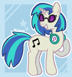 Size: 610x661 | Tagged: safe, artist:twilypie, imported from derpibooru, dj pon-3, vinyl scratch, pony, unicorn, female, full body, glasses, headphones, horn, mare, outline, passepartout, signature, smiling, solo, stars, vinyl's glasses