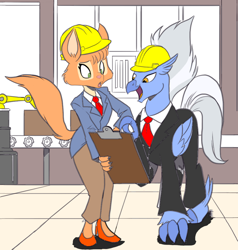 Size: 948x996 | Tagged: safe, artist:nauyaco, color edit, edit, imported from derpibooru, sky beak, fox, hippogriff, clothes, colored, crossover, diane foxington, female, hard hat, hat, high heels, shoes, the bad guys, wings