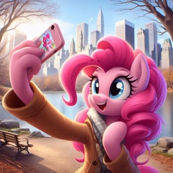 Size: 1024x1024 | Tagged: safe, imported from derpibooru, pinkie pie, anthro, ai content, ai generated, bench, cellphone, central park, new york city, park, park bench, phone, prompter:pinkiepiepics, selfie, smartphone, suddenly hands