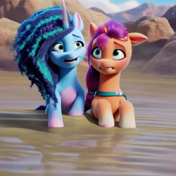 Size: 1024x1024 | Tagged: safe, imported from derpibooru, sunny starscout, earth pony, pony, unicorn, ai content, ai generated, anonymous prompter, beach, duo, female, g5, generator:pony diffusion v6 xl, generator:stable diffusion, horn, mare, misty brightdawn, mud, my little pony: make your mark, quicksand