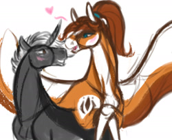 Size: 1738x1412 | Tagged: safe, artist:snedrir, imported from derpibooru, oc, oc only, oc:blacksun, unicorn, black fur, blue eyes, blushing, brown eyes, coat markings, equine, fangs, female, heart, horn, long wings, looking at each other, looking at someone, male, oc x oc, ponytail, realistic horse legs, shipping, short hair, smiling, spread wings, straight, unicorn oc, white mane, wings