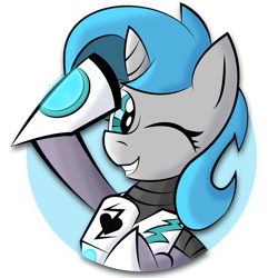 Size: 2550x2550 | Tagged: safe, artist:vareb, imported from derpibooru, oc, oc only, oc:tango starfall, pony, unicorn, armor, armored pony, blue eyes, blue hair, female, horn, looking at you, mare, one eye closed, salute, science fiction, smiling, solo, wink, winking at you