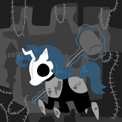 Size: 2000x2000 | Tagged: safe, artist:pompom, imported from derpibooru, oc, oc only, oc:tango starfall, pony, unicorn, armor, armored pony, blue mane, blue tail, hammer, hollow knight, horn, skull, tail