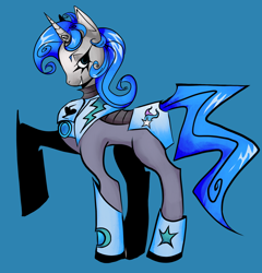 Size: 1668x1739 | Tagged: safe, artist:phanztombzz, imported from derpibooru, oc, oc only, oc:tango starfall, pony, unicorn, armor, armored pony, blue mane, blue tail, gray coat, horn, power armor, smiling, solo, tail
