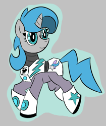 Size: 632x753 | Tagged: safe, artist:vareb, imported from derpibooru, oc, oc only, oc:tango starfall, pony, unicorn, armor, armored pony, blue eyes, blue mane, blue tail, gray coat, horn, power armor, smiling, tail, walking