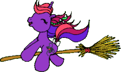 Size: 288x171 | Tagged: artist needed, safe, imported from derpibooru, oc, oc only, oc:bramble berry, pony, unicorn, 2010, animated, bow, braid, braided ponytail, broom, eyes closed, female, g1, gif, horn, mare, non-animated gif, open mouth, open smile, ponytail, riding a broom, simple background, smiling, solo, tail, tail bow, transparent background, unicorn oc, windswept hair, windswept mane, windswept tail
