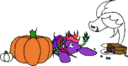 Size: 432x224 | Tagged: artist needed, safe, imported from derpibooru, oc, oc only, oc:bramble berry, ghost, pony, undead, unicorn, 2010, animated, bag, bow, braid, braided ponytail, candy, female, food, g1, gif, halloween, holiday, horn, mare, non-animated gif, open mouth, paper bag, ponytail, pumpkin, raised hoof, scared, simple background, tail, tail bow, transparent background, unicorn oc