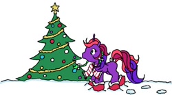 Size: 432x240 | Tagged: artist needed, safe, imported from derpibooru, oc, oc only, oc:bramble berry, pony, unicorn, 2010, animated, bow, braid, braided ponytail, chibi, christmas, christmas tree, clothes, female, g1, gif, holiday, horn, mare, non-animated gif, ponytail, raised hoof, scarf, simple background, snow, socks, solo, striped scarf, tail, tail bow, tree, unicorn oc, white background