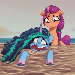 Size: 1024x1024 | Tagged: safe, imported from derpibooru, sunny starscout, earth pony, pony, unicorn, ai content, ai generated, anonymous prompter, beach, duo, faic, female, g5, generator:pony diffusion v6 xl, generator:stable diffusion, horn, mane stripe sunny, mare, misty brightdawn, mud, ocean, quicksand, scared, screaming, sinking, terrified, water