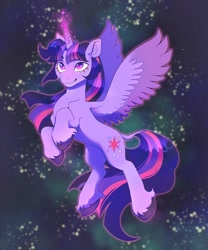 Size: 1705x2048 | Tagged: safe, artist:catmintyt, imported from derpibooru, twilight sparkle, alicorn, pony, flying, leonine tail, magic, magic aura, smiling, solo, tail, twilight sparkle (alicorn), unshorn fetlocks