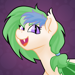 Size: 2000x2000 | Tagged: safe, artist:cadetredshirt, imported from derpibooru, oc, oc only, bat pony, pony, bat pony oc, bat wings, bust, cat eyes, commission, digital art, ear fluff, fangs, green mane, looking at camera, looking at you, slit eyes, slit pupils, solo, two toned mane, wings