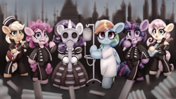 Size: 7112x4000 | Tagged: safe, artist:partypievt, imported from derpibooru, applejack, fluttershy, pinkie pie, rainbow dash, rarity, twilight sparkle, alicorn, earth pony, pegasus, pony, unicorn, background, bass guitar, bipedal, clothes, desktop background, drumsticks, electric guitar, gas mask, guitar, horn, hospital gown, iv drip, looking at you, mane six, mask, microphone, musical instrument, my chemical romance, the black parade, twilight sparkle (alicorn), wallpaper
