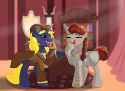 Size: 2949x2160 | Tagged: safe, artist:cadetredshirt, imported from derpibooru, oc, oc:equity, oc:philo reed, earth pony, pony, unicorn, armor, armored pony, clothes, commission, detective, digital art, eyes closed, horn, jacket, laughing, male, stallion, stallion oc, tail, two toned mane, two toned tail
