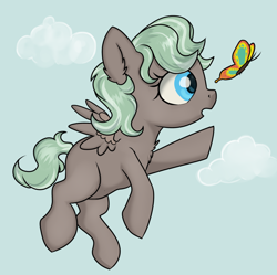 Size: 2832x2816 | Tagged: safe, artist:dumbwoofer, imported from derpibooru, oc, oc:forest air, butterfly, pegasus, pony, chest fluff, cloud, ear fluff, female, filly, flying, foal, open mouth, reaching, sky, solo