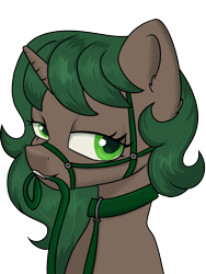 Size: 3001x4000 | Tagged: safe, artist:dumbwoofer, imported from derpibooru, oc, oc:pine shine, pony, unicorn, bedroom eyes, bridle, bust, collar, ear fluff, female, horn, leash, looking at you, mare, mouth hold, simple background, solo, tack, transparent background