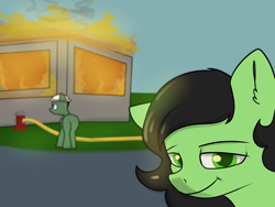 Size: 4000x3001 | Tagged: safe, artist:dumbwoofer, imported from derpibooru, oc, oc:filly anon, earth pony, pony, building, ear fluff, female, filly, fire, fire hydrant, firefighter, foal, grass, looking at you, meme, road, smiling, smoke, smug