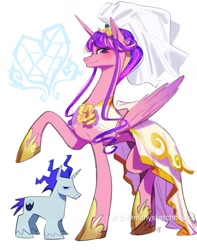 Size: 1274x1614 | Tagged: safe, artist:manysketchbooks, imported from derpibooru, princess cadance, shining armor, alicorn, pony, unicorn, clothes, dress, duo, female, height difference, hoof shoes, horn, male, mare, meme, shiningcadance, shipping, size difference, stallion, straight, the bride and the ugly ass groom, unshorn fetlocks, veil, wedding dress, wedding veil