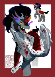 Size: 1270x1774 | Tagged: safe, artist:manysketchbooks, imported from derpibooru, king sombra, pony, unicorn, armor, cloak, clothes, helmet, hoof shoes, horn, male, sharp teeth, solo, stallion, teeth