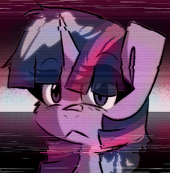 Size: 590x600 | Tagged: safe, artist:provolonepone, edit, twilight sparkle, pony, unicorn, chromatic aberration removal, error, female, glitch, glitch art, mare, retro, solo, unamused, unicorn twilight, vhs