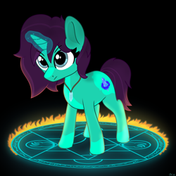 Size: 3200x3200 | Tagged: safe, artist:harmonicglow, imported from derpibooru, oc, oc only, oc:lexicon, unicorn, crystal, female, fire, horn, jewelry, magic, mare, necklace, transmutation circle