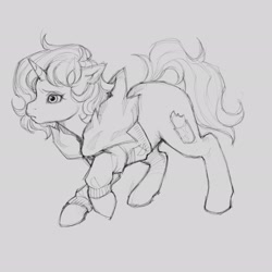 Size: 2048x2048 | Tagged: safe, artist:chochuki, imported from derpibooru, oc, oc only, pony, unicorn, black and white, clothes, female, g1, g1 oc, gray background, grayscale, horn, jacket, mare, monochrome, simple background, sketch, solo