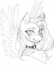 Size: 1536x2048 | Tagged: safe, artist:chochuki, imported from derpibooru, pegasus, pony, bust, chest fluff, choker, ear piercing, earring, facial markings, fang (goodbye volcano high), fangs, goodbye volcano high, jewelry, nonbinary, piercing, ponified, slit pupils, solo