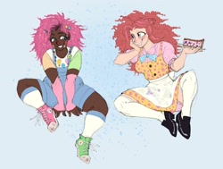 Size: 2348x1778 | Tagged: safe, artist:chochuki, imported from derpibooru, pinkie pie, human, arm warmers, bloomers, blushing, bowtie, cake, clothes, cutie mark, cutie mark on clothes, dark skin, dress, duo, female, food, frizzy hair, hairclip, humanized, kneesocks, mismatched shoes, overalls, self paradox, shoes, sitting, skirt, sneakers, socks, sticker, thigh socks, upskirt