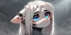 Size: 2400x1200 | Tagged: safe, imported from derpibooru, oc, cyborg, pony, robot, ai content, ai generated, blood, blue eyes, bust, portrait, prompter:greesys, rain, sad, solo