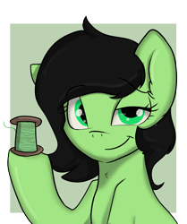 Size: 3001x3584 | Tagged: safe, artist:dumbwoofer, imported from derpibooru, oc, oc:filly anon, earth pony, pony, 2021, bust, chest fluff, ear fluff, female, filly, foal, holding, looking at you, simple background, smiling, smiling at you, smirk, solo, spool, thread, transparent background
