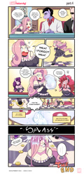 Size: 1080x2250 | Tagged: safe, artist:traupa, imported from derpibooru, fluttershy, pinkie pie, sugar belle, anthro, pegasus, unguligrade anthro, comic:ow! fluttershy!, breasts, busty fluttershy, clothes, eyes closed, falling, female, fluttermaid, job, maid, maid cafe, male, milk, offscreen character, pinkie maid, slippers, speech bubble, waitress