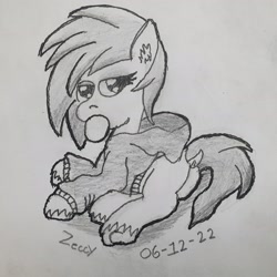 Size: 3024x3024 | Tagged: safe, artist:zeccy, imported from derpibooru, earth pony, pony, bubblegum, butt, clothes, dock, food, gum, hoodie, lidded eyes, monochrome, plot, solo, tail