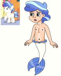 Size: 737x927 | Tagged: safe, artist:ocean lover, imported from derpibooru, frosty quartz, crystal pony, human, merboy, mermaid, merman, bare shoulders, belly, belly button, blue eyes, chest, child, cute, fins, fish tail, frown, gradient hair, human coloration, humanized, looking at something, male, mermaid tail, mermay, ms paint, open mouth, reference, reference sheet, simple background, species swap, tail, tail fin, transparent background, white background, worried