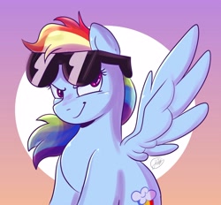 Size: 3000x2783 | Tagged: safe, alternate version, artist:flutterpawss, imported from derpibooru, rainbow dash, pegasus, pony, bust, female, gradient background, high res, looking at you, mare, smiling, smiling at you, smirk, solo, spread wings, sunglasses, sunglasses on head, wings