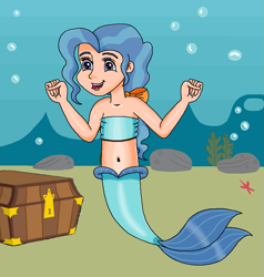 Size: 889x932 | Tagged: safe, artist:ocean lover, imported from derpibooru, petunia paleo, human, mermaid, starfish, bandeau, bare shoulders, belly, belly button, blue eyes, blue hair, bow, bubble, child, coral, cute, excited, female, fins, fish tail, hair bow, happy, human coloration, humanized, mermaid tail, mermaidized, mermay, ms paint, open mouth, ponytail, smiling, solo, solo female, species swap, tail, tail fin, treasure chest, two toned hair, underwater, water