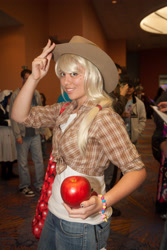 Size: 3744x5616 | Tagged: safe, artist:mooshuu, imported from derpibooru, applejack, human, apple, clothes, cosplay, costume, equestria la, equestria la 2012, food, irl, irl human, photo