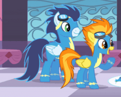 Size: 703x565 | Tagged: safe, imported from derpibooru, screencap, bruce mane, soarin', spitfire, star gazer, earth pony, pegasus, pony, the best night ever, animated, clothes, cropped, eyes closed, female, goggles, group, male, mare, quartet, stallion, uniform, wonderbolts uniform, yoink