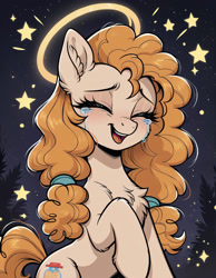 Size: 1792x2304 | Tagged: prompter needed, safe, imported from derpibooru, pear butter, earth pony, pony, ai content, ai generated, chest fluff, crying, cute, ear fluff, eyes closed, female, generator:stable diffusion, halo, mare, night, night sky, open mouth, open smile, outdoors, pearabetes, raised hoof, sky, smiling, solo, stars, tears of joy, upper body