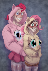 Size: 1028x1500 | Tagged: safe, artist:vanilla drop, imported from derpibooru, fluttershy, pinkie pie, human, blushing, clothes, cosplay, costume, deadpool, duo, emanata, grin, hoodie, marvel, self insert, smiling, sweat, sweatdrops, wade wilson