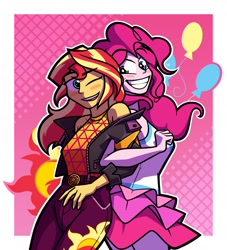 Size: 2000x2200 | Tagged: safe, artist:rahkshichao, imported from derpibooru, pinkie pie, sunset shimmer, human, equestria girls, back to back, belt, clothes, duo, duo female, equestria girls specials, female, gradient background, grin, high res, jacket, linked arms, looking at each other, looking at someone, music festival outfit, my little pony equestria girls: better together, my little pony equestria girls: sunset's backstage pass, off shoulder, one eye closed, outline, passepartout, skirt, smiling, white outline