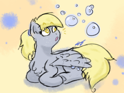 Size: 800x600 | Tagged: safe, artist:aj flame ss6, imported from derpibooru, derpy hooves, pegasus, pony, :o, alternate hairstyle, bubble, doodle, emanata, eyebrows, eyebrows visible through hair, female, looking up, lying down, mare, open mouth, ponyloaf, ponytail, prone, signature, solo, solo female